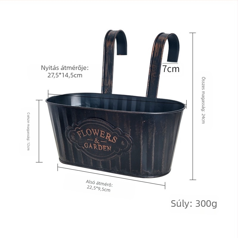 Lógó virágtartó vödör dupla kampóval, levehető, vasból, pasztorális stílusú, alkalmas otthonra, kertbe és irodába
