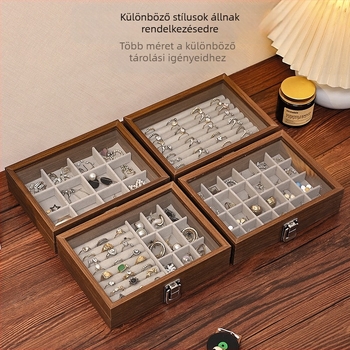 Diófából készült asztali ékszertároló doboz, porálló, modern minimalista dizájn, 1 L kapacitás