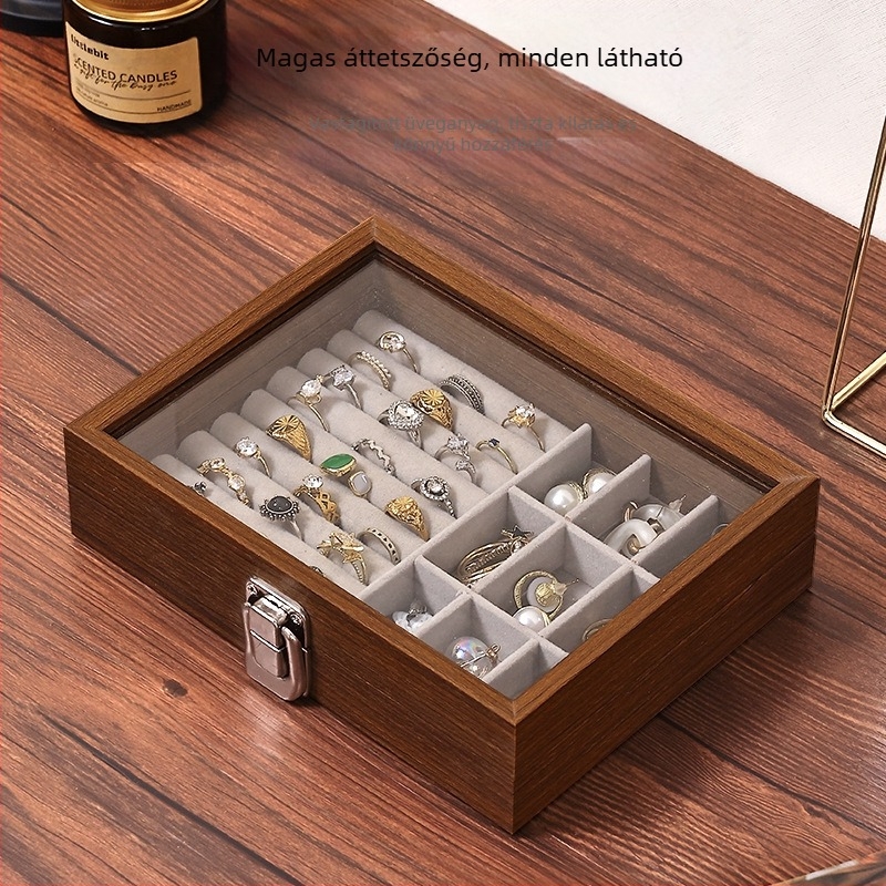 Diófából készült asztali ékszertároló doboz, porálló, modern minimalista dizájn, 1 L kapacitás
