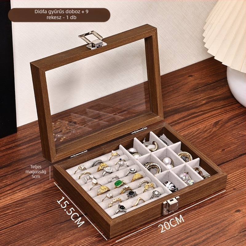 Diófából készült asztali ékszertároló doboz, porálló, modern minimalista dizájn, 1 L kapacitás