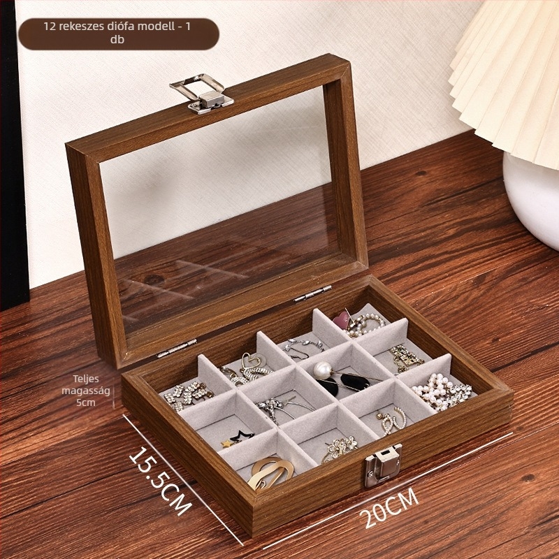 Diófából készült asztali ékszertároló doboz, porálló, modern minimalista dizájn, 1 L kapacitás