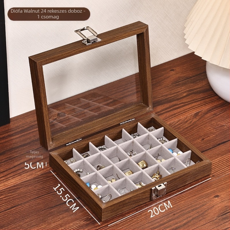 Diófából készült asztali ékszertároló doboz, porálló, modern minimalista dizájn, 1 L kapacitás