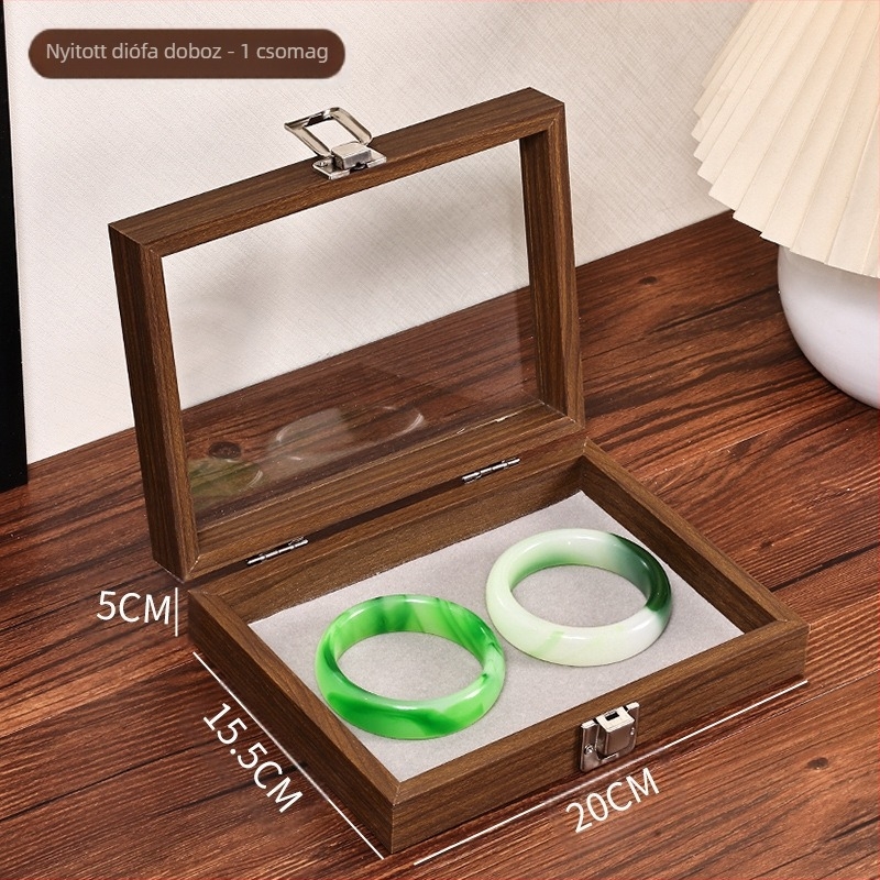 Diófából készült asztali ékszertároló doboz, porálló, modern minimalista dizájn, 1 L kapacitás