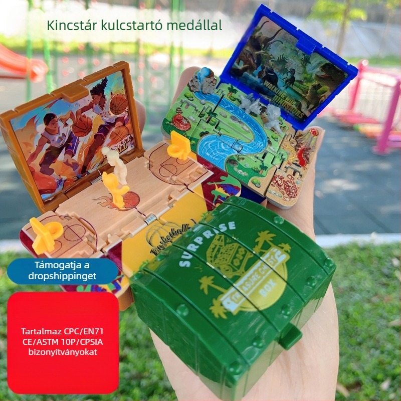 Összecsukható műanyag kulcstartó játék – kreatív lazító kincsesláda, egyedi csomagolásban, ajándék születésnapra vagy utazásra, gyereknek, barátnak vagy osztálytársnak