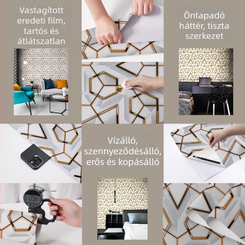 Öntapadós 3D geometriai tapéta, PVC anyag, PVC réteg, különleges hatású dekoratív stílus, könnyű luxus