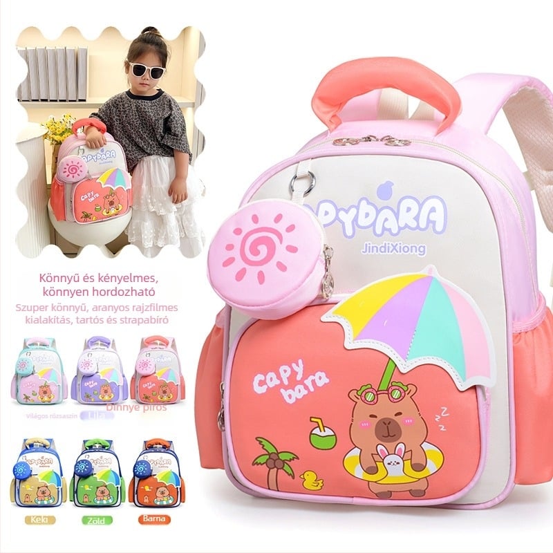 Rajzolt kapibara hátizsák gyerekeknek 3–9 éveseknek: könnyű nylon iskolai táska, légáteresztő, kopásálló anyag és ívelt vállpántok