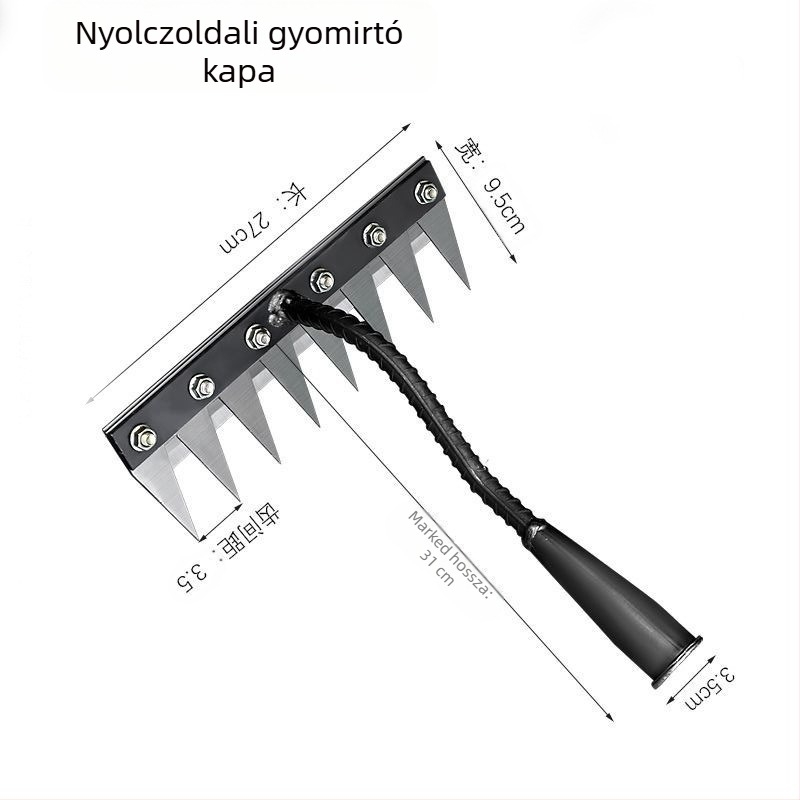 Többfunkciós gyomirtó eszköz leválasztható kapával, megerősített horoggal és talajforgató kapával, otthoni használatra