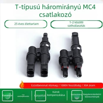 T-típusú 3-utas MC4 fotovoltaikus csatlakozó DC PV rendszerekhez, bemenetből két párhuzamos kimenet, 30A, PPO tűzálló anyag