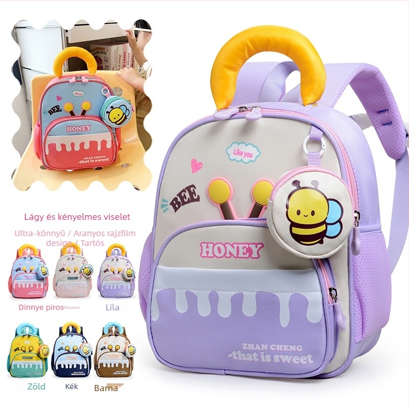 Óvodai és I–III. osztályosok számára hátizsák, könnyű és nagy kapacitású, nylon anyag, lélegző és nagyon könnyű, vállpántok légpárnával, poliészter bélés, állat minta (kis méhecske), unisex