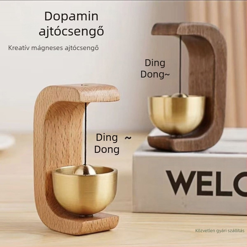 Mágneses rögzítésű ajtóharang, diófából készült haranggal és rézből készült haranggal
