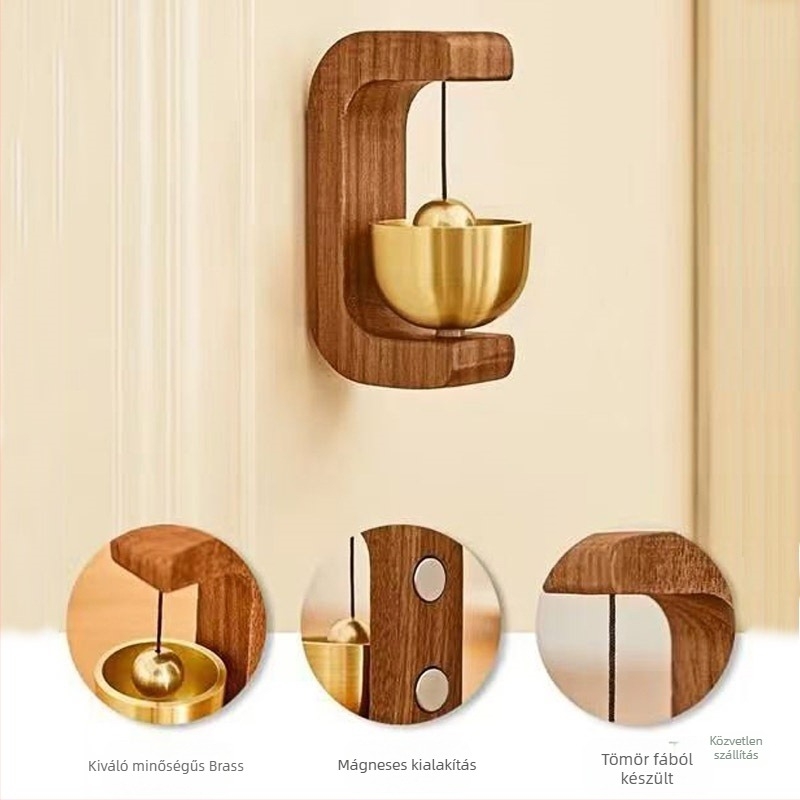 Mágneses rögzítésű ajtóharang, diófából készült haranggal és rézből készült haranggal