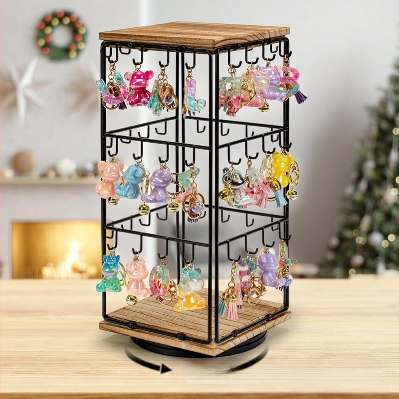 Fa- és vas ékszer kiállító állvány, 360° forgó, három szint, skandináv stílusú