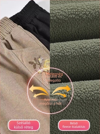 Középkorú nőknek szóló fleece-béléssel ellátott lazán szabott nadrág téli viselet, poliészter anyag, vast anyag, mindennapi stílus