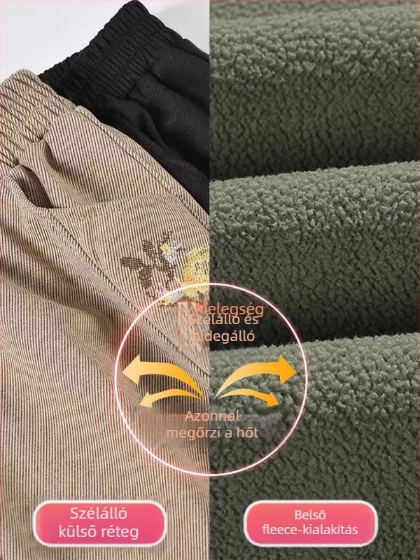 Középkorú nőknek szóló fleece-béléssel ellátott lazán szabott nadrág téli viselet, poliészter anyag, vast anyag, mindennapi stílus