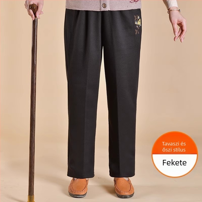 Középkorú nőknek szóló fleece-béléssel ellátott lazán szabott nadrág téli viselet, poliészter anyag, vast anyag, mindennapi stílus