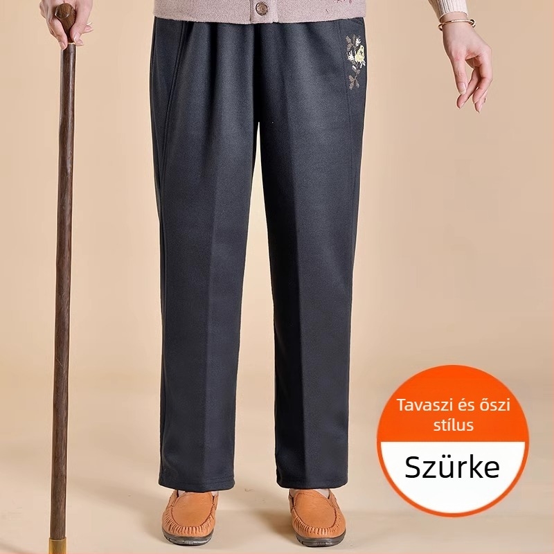 Középkorú nőknek szóló fleece-béléssel ellátott lazán szabott nadrág téli viselet, poliészter anyag, vast anyag, mindennapi stílus