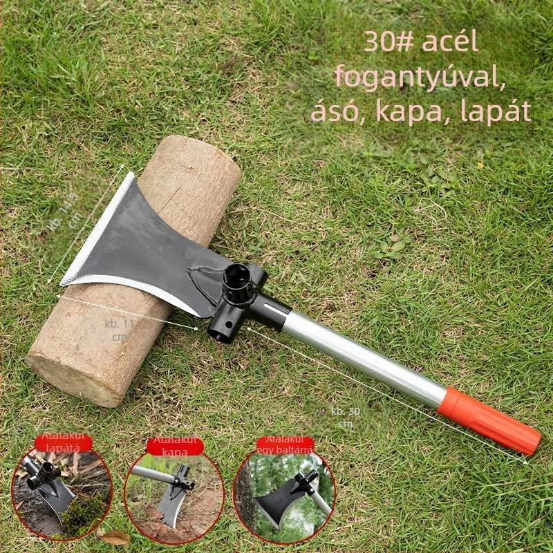 Magas mangán-acélból készült, többfunkciós ásó-kapa; kerti eszköz vágáshoz, ásáshoz és kaparáshoz; kültéri használatra; modell: Többfunkciós ásó-kapa