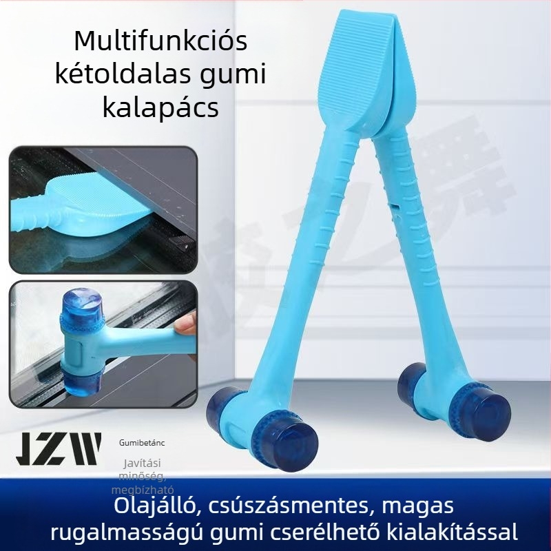 Acélmagú, bőr markolatú kalapács – kettős funkciójú szerelő eszköz padlólapokhoz és ajtó/ablak keretekhez; műanyag lapát és gumírozott tömítőszalag