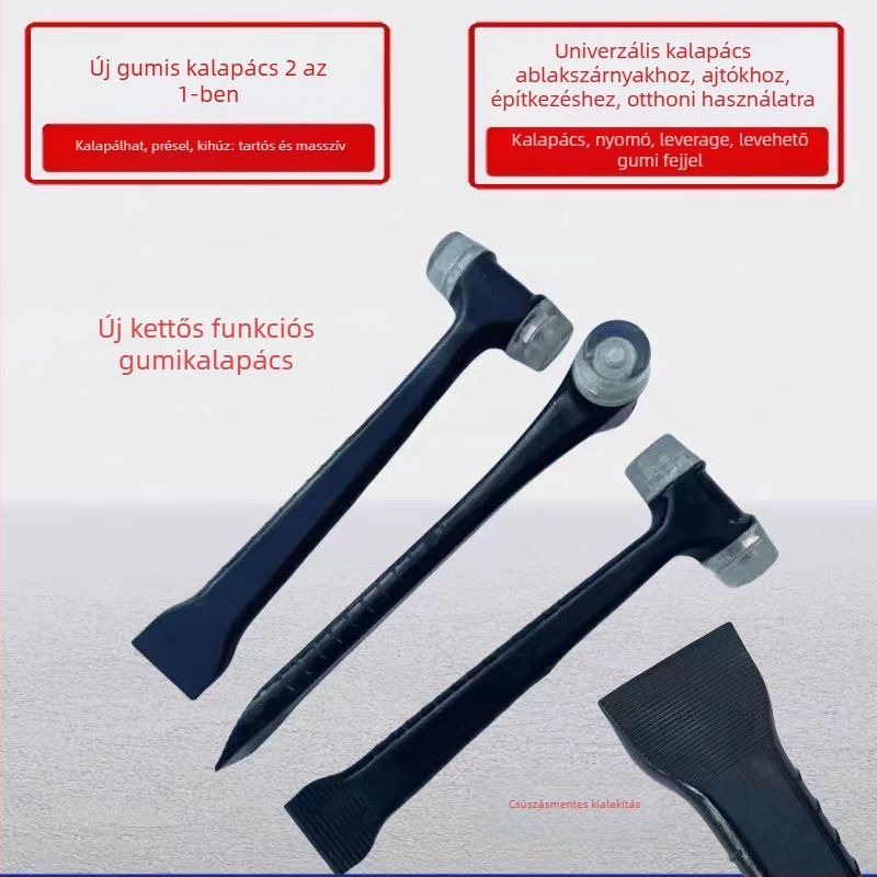 Acélmagú, bőr markolatú kalapács – kettős funkciójú szerelő eszköz padlólapokhoz és ajtó/ablak keretekhez; műanyag lapát és gumírozott tömítőszalag