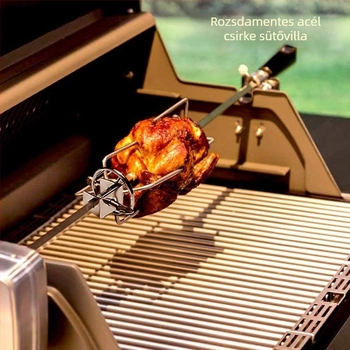 Forgó BBQ villa, rozsdamentes acélból, V-alakú, polírozott felülettel, hordozható és levehető, tömege 0,23 kg