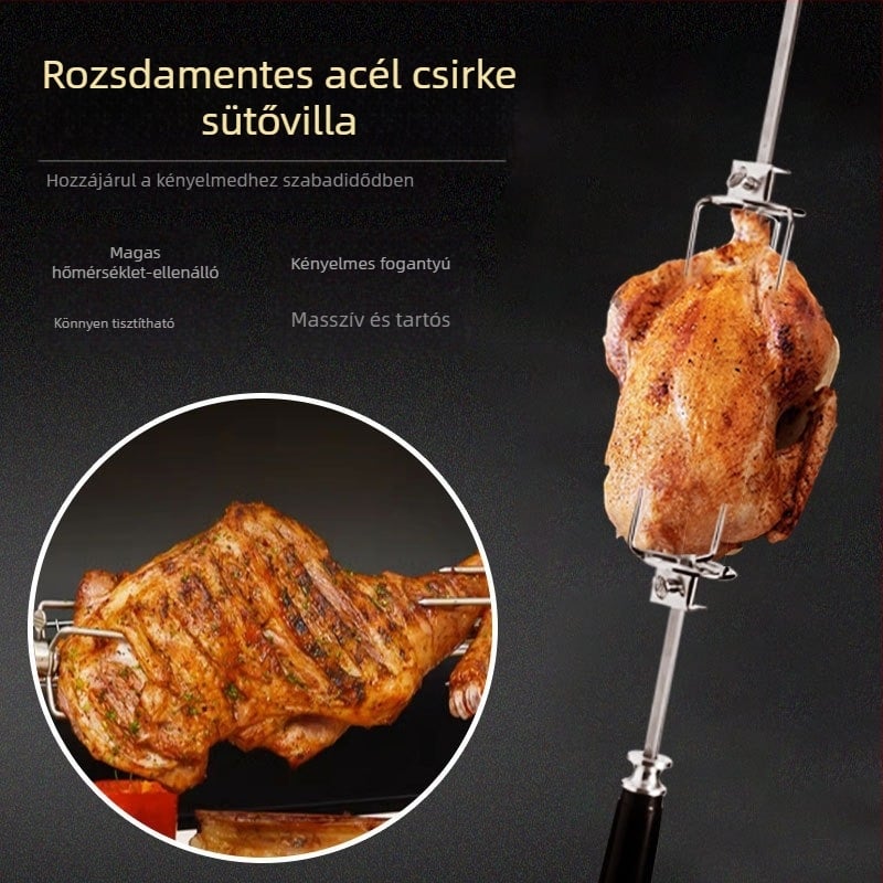Forgó BBQ villa, rozsdamentes acélból, V-alakú, polírozott felülettel, hordozható és levehető, tömege 0,23 kg