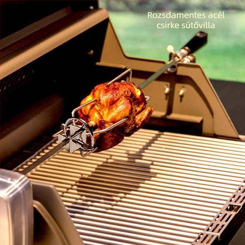 Forgó BBQ villa, rozsdamentes acélból, V-alakú, polírozott felülettel, hordozható és levehető, tömege 0,23 kg