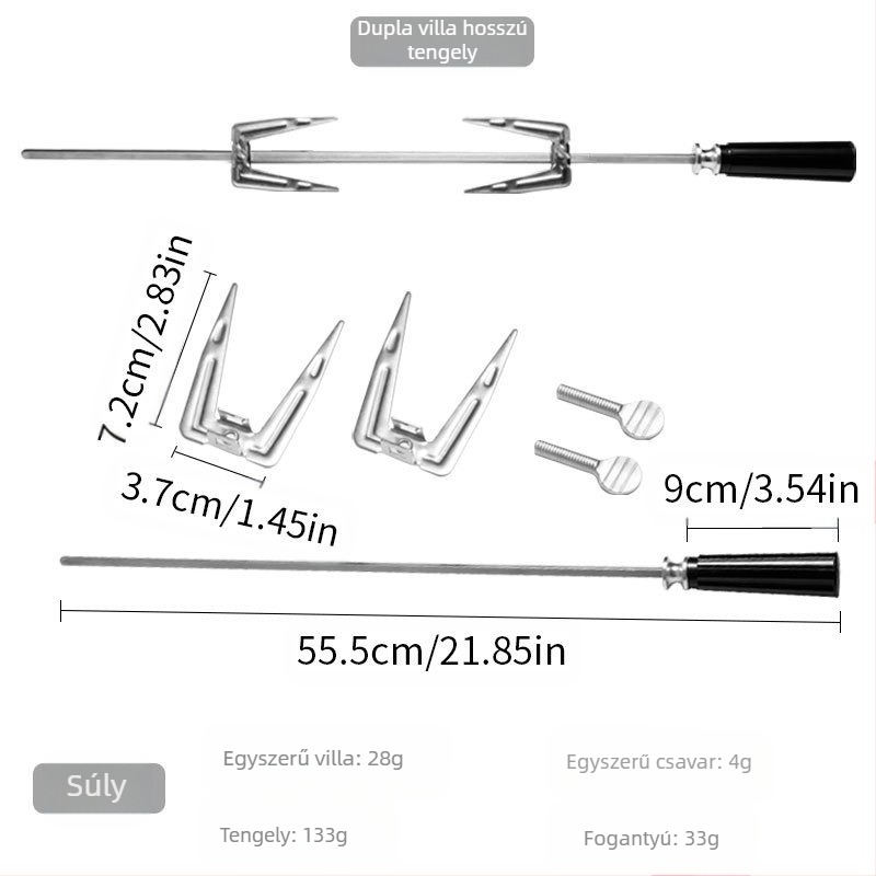 Forgó BBQ villa, rozsdamentes acélból, V-alakú, polírozott felülettel, hordozható és levehető, tömege 0,23 kg