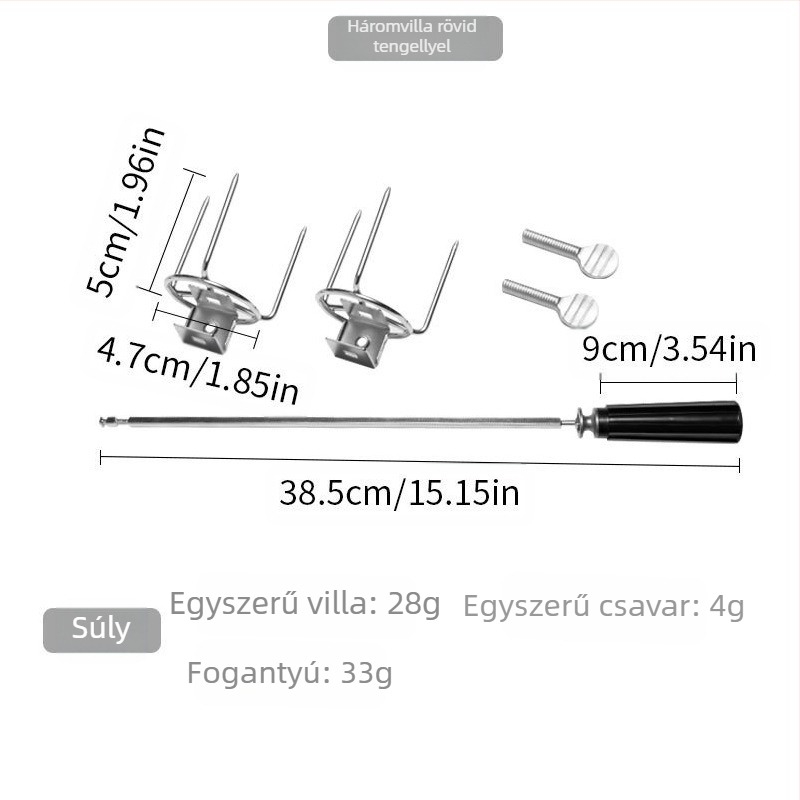 Forgó BBQ villa, rozsdamentes acélból, V-alakú, polírozott felülettel, hordozható és levehető, tömege 0,23 kg