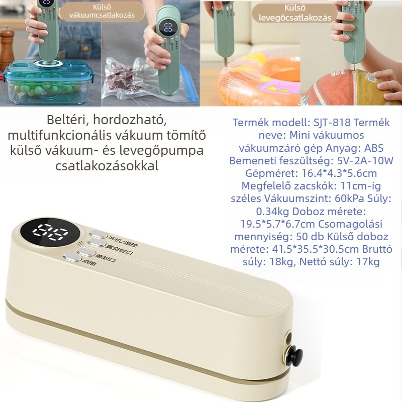 Mini vezeték nélküli vákuumzáró készülék, újratölthető, ABS ház, kapacitás 500–1000 ml, modell 818, konyhai eszköz