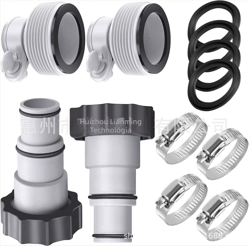 Medence tömlőadapter készlet szorítóval és alátétgyűrűvel Intex menetes csatlakozáshoz, modell 0000525, műanyag