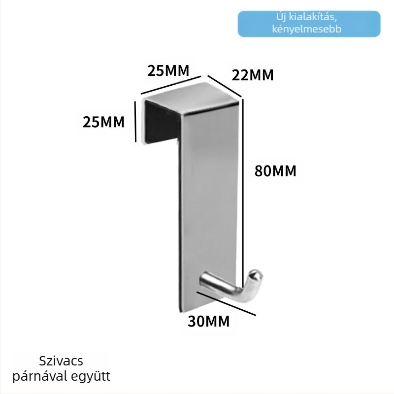 304 rozsdamentes acélból készült fürdőszobai üvegajtóhoz hátsó rögzítés, leválasztható egykampós fém akasztó, 5 kg teherbírás, modern minimalist dizájn