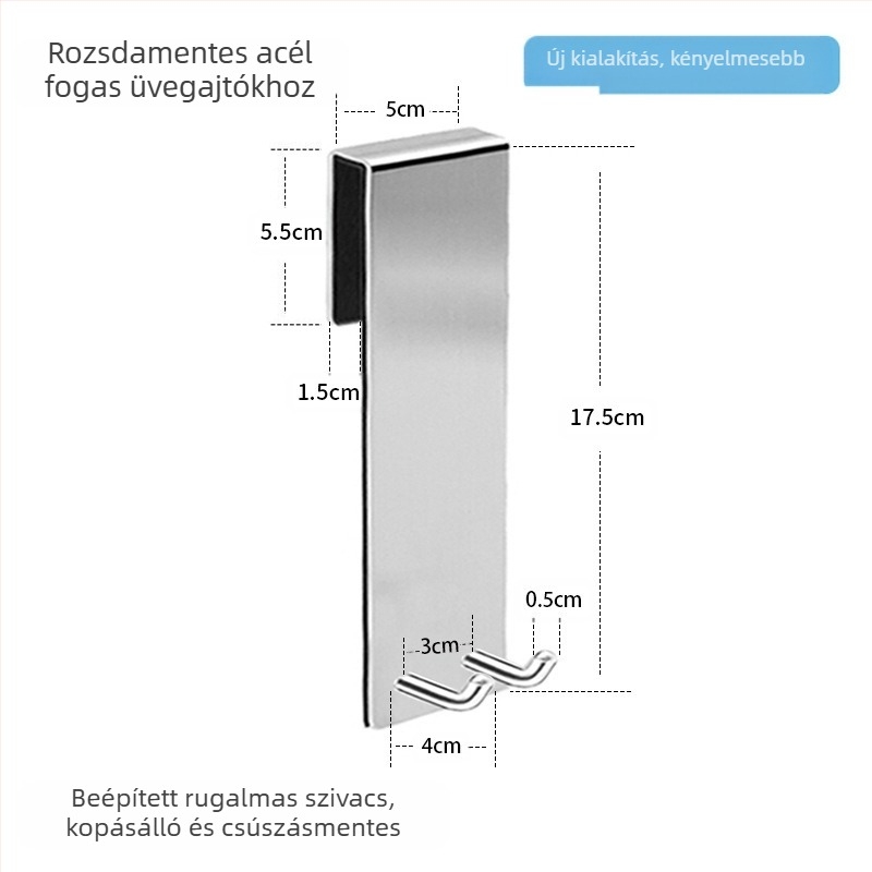 304 rozsdamentes acélból készült fürdőszobai üvegajtóhoz hátsó rögzítés, leválasztható egykampós fém akasztó, 5 kg teherbírás, modern minimalist dizájn