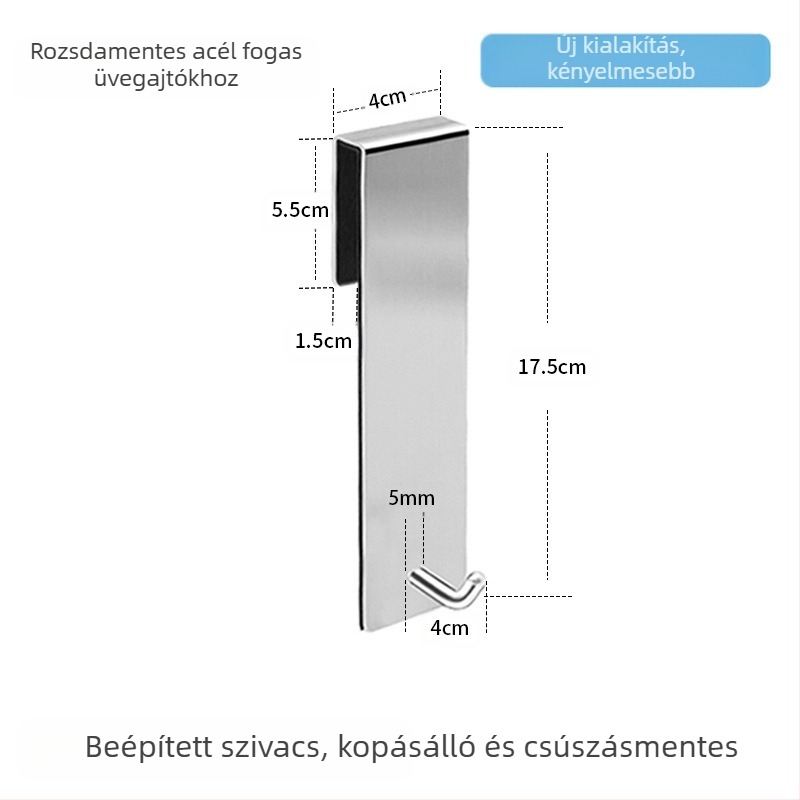 304 rozsdamentes acélból készült fürdőszobai üvegajtóhoz hátsó rögzítés, leválasztható egykampós fém akasztó, 5 kg teherbírás, modern minimalist dizájn
