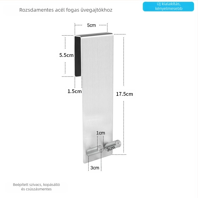 304 rozsdamentes acélból készült fürdőszobai üvegajtóhoz hátsó rögzítés, leválasztható egykampós fém akasztó, 5 kg teherbírás, modern minimalist dizájn
