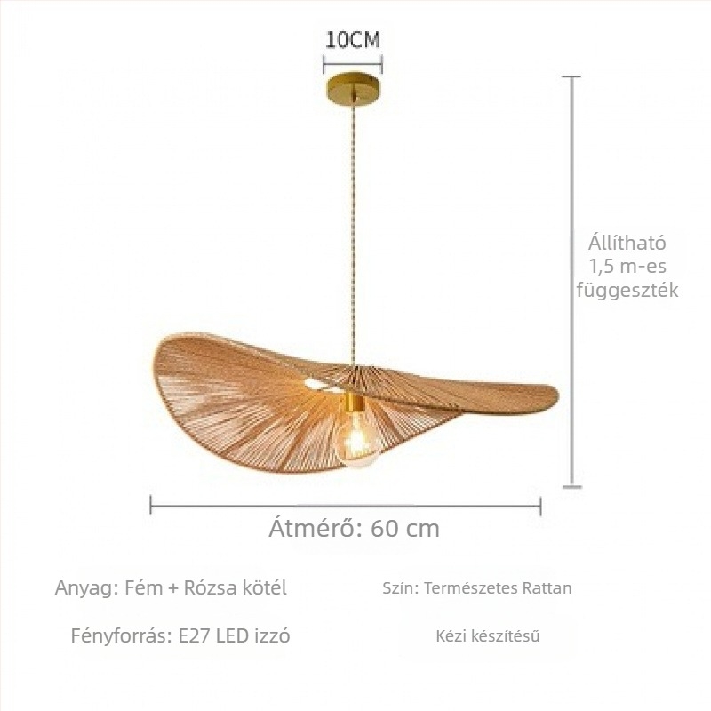 Japán stílusú függő lámpa, zsinóros kivitelben, LED-del, rattan testtel és árnyékolóval, egyfejű