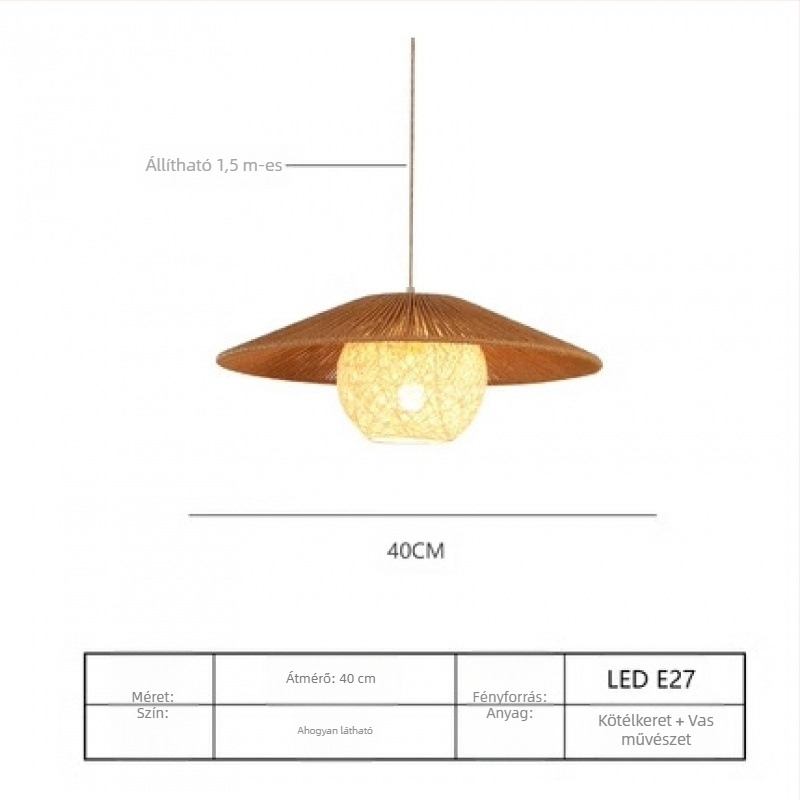 Japán stílusú függő lámpa, zsinóros kivitelben, LED-del, rattan testtel és árnyékolóval, egyfejű