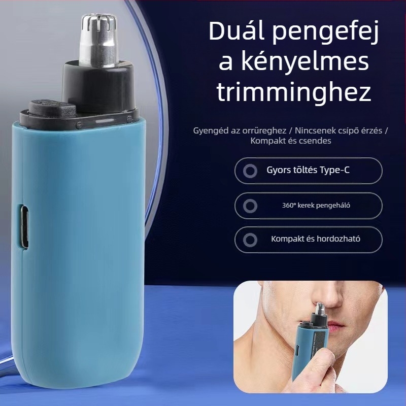 Orrszőr-trimmel, újratölthető, mini méretű, hordozható, cserélhető mosható vágófej, ABS ház.