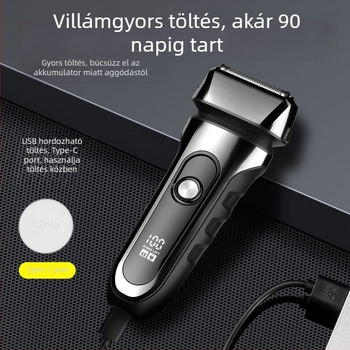 Reziprokus 3 pengéjű fejű elektromos borotva, lebegő penge fej, beépített 500–800 mAh akkumulátor, 90 perc működési idő, USB töltés