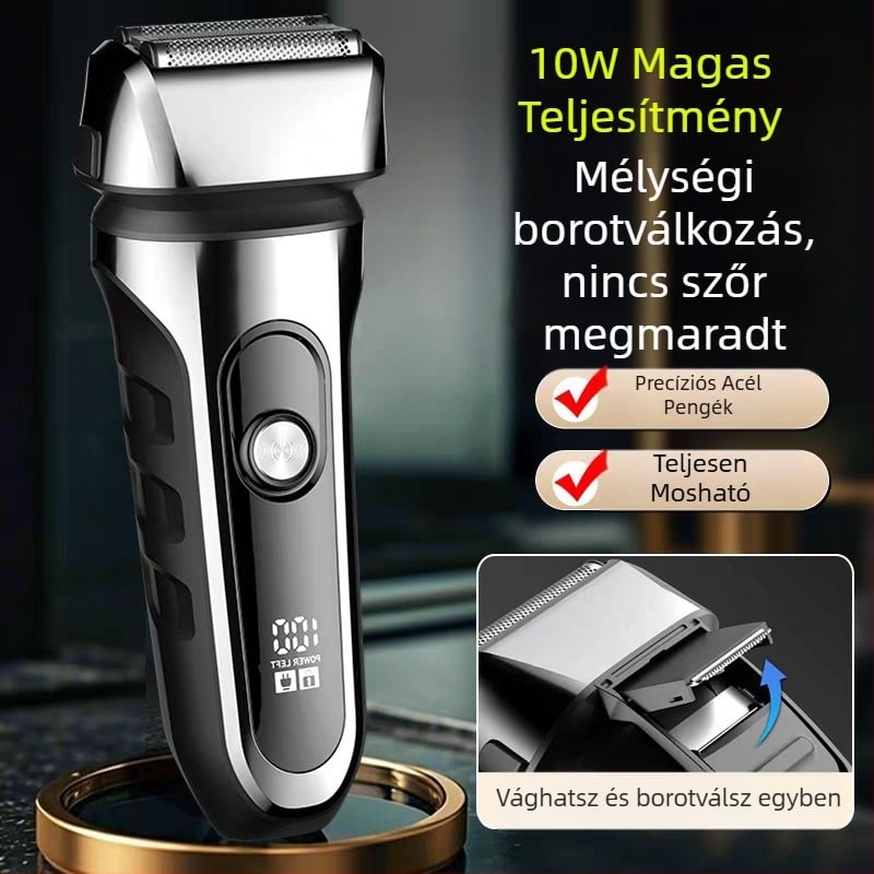 Reziprokus 3 pengéjű fejű elektromos borotva, lebegő penge fej, beépített 500–800 mAh akkumulátor, 90 perc működési idő, USB töltés