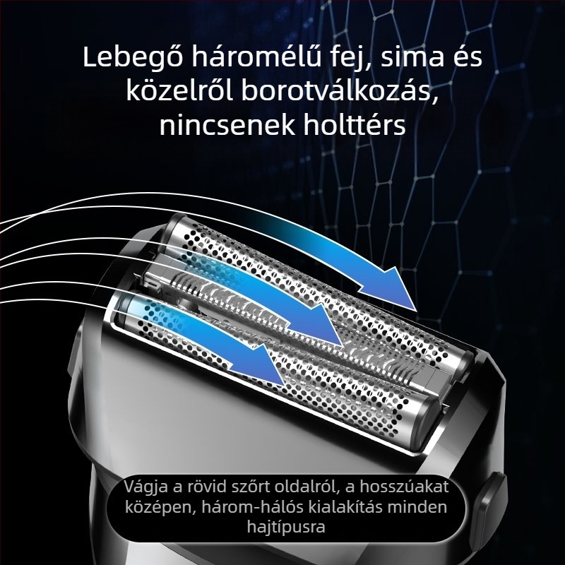 Reziprokus 3 pengéjű fejű elektromos borotva, lebegő penge fej, beépített 500–800 mAh akkumulátor, 90 perc működési idő, USB töltés