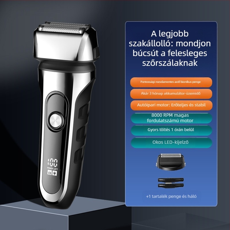 Reziprokus 3 pengéjű fejű elektromos borotva, lebegő penge fej, beépített 500–800 mAh akkumulátor, 90 perc működési idő, USB töltés