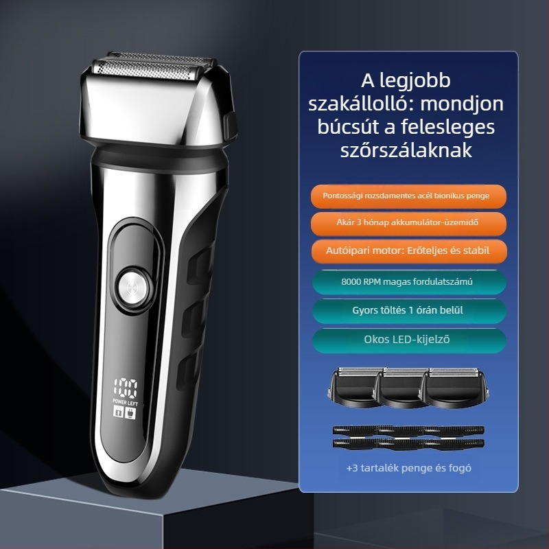 Reziprokus 3 pengéjű fejű elektromos borotva, lebegő penge fej, beépített 500–800 mAh akkumulátor, 90 perc működési idő, USB töltés
