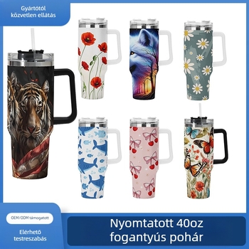 Szigetelt autós utazó pohár fogantyúval és szívóval — belső 304 rozsdamentes acél, külső 201 rozsdamentes acél, vákuum szigetelés 0–6 óra, logó nyomtatás elérhető