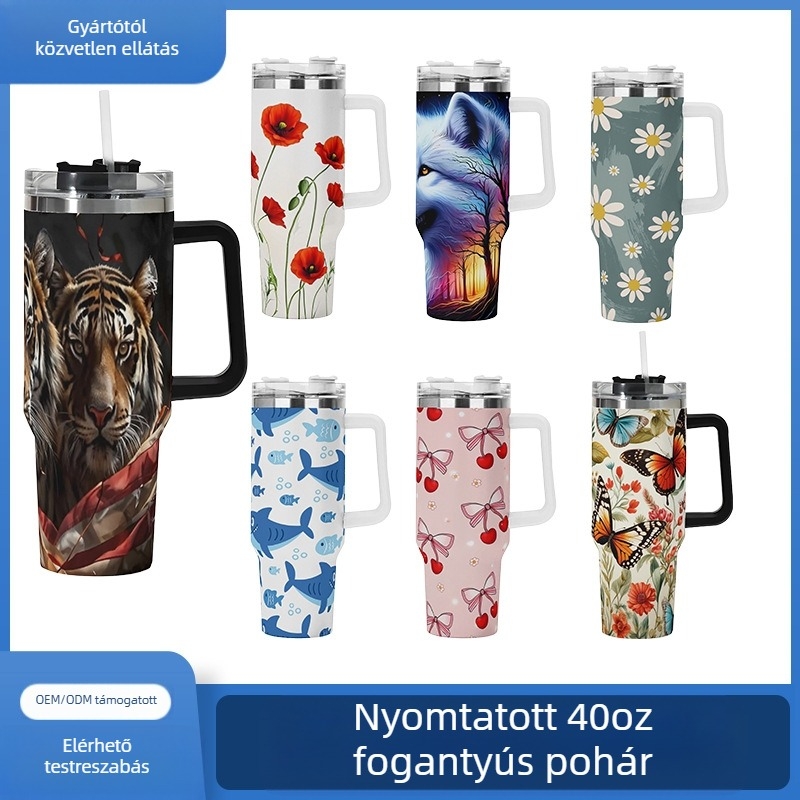 Szigetelt autós utazó pohár fogantyúval és szívóval — belső 304 rozsdamentes acél, külső 201 rozsdamentes acél, vákuum szigetelés 0–6 óra, logó nyomtatás elérhető