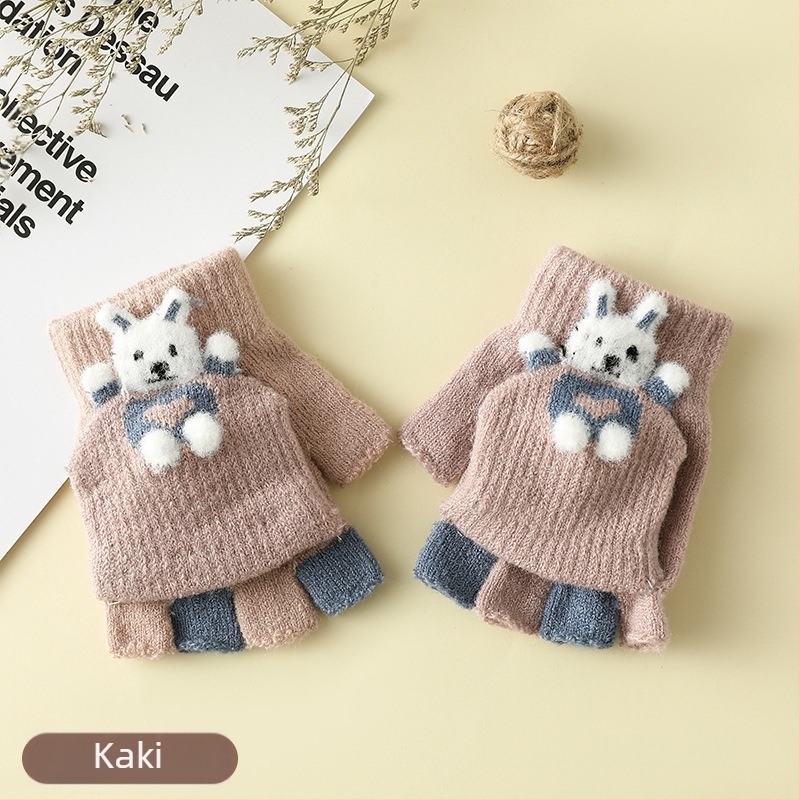 Unisex 3–6 éves gyerekeknek téli félujjú kesztyű Flip-Top, rajzos nyuszival, kötött, imitációs kasmírból, melegen tart