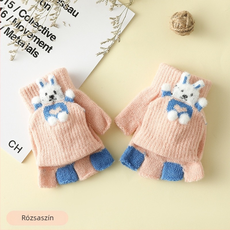 Unisex 3–6 éves gyerekeknek téli félujjú kesztyű Flip-Top, rajzos nyuszival, kötött, imitációs kasmírból, melegen tart