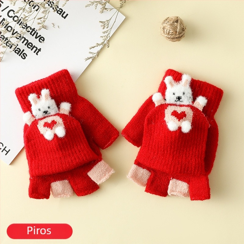 Unisex 3–6 éves gyerekeknek téli félujjú kesztyű Flip-Top, rajzos nyuszival, kötött, imitációs kasmírból, melegen tart