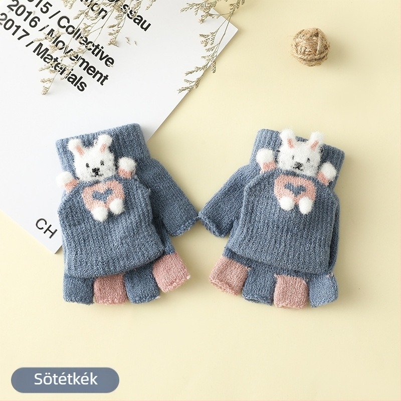 Unisex 3–6 éves gyerekeknek téli félujjú kesztyű Flip-Top, rajzos nyuszival, kötött, imitációs kasmírból, melegen tart