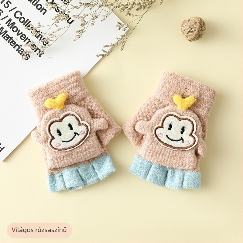 Unisex 3–6 éves gyerekeknek téli félujjú kesztyű Flip-Top, rajzos nyuszival, kötött, imitációs kasmírból, melegen tart