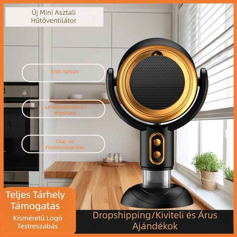 Asztali hordozható konyhai szagelszívó otthoni használatra, alacsony zajszint ≤40 dB, 4,8 m³/min kiáramló levegő, <150 W, méretek 21×15×35 cm.